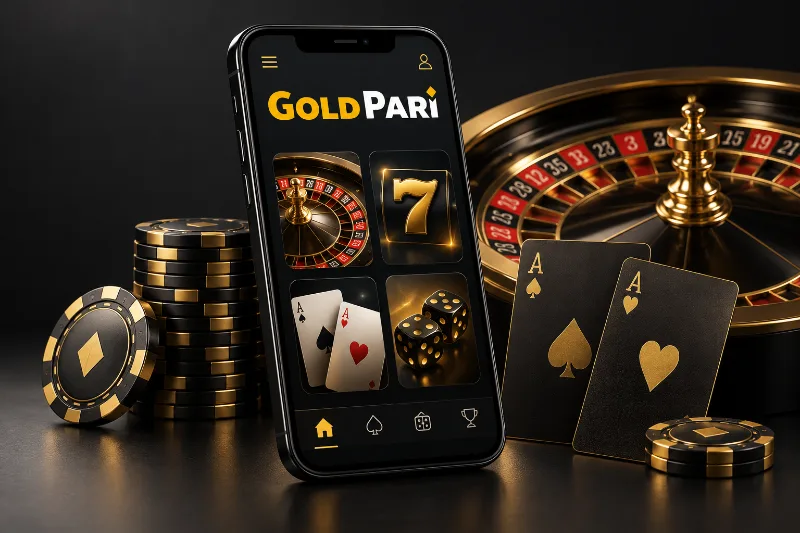 Иллюстрация казино Gold Pari с рулеткой и картами